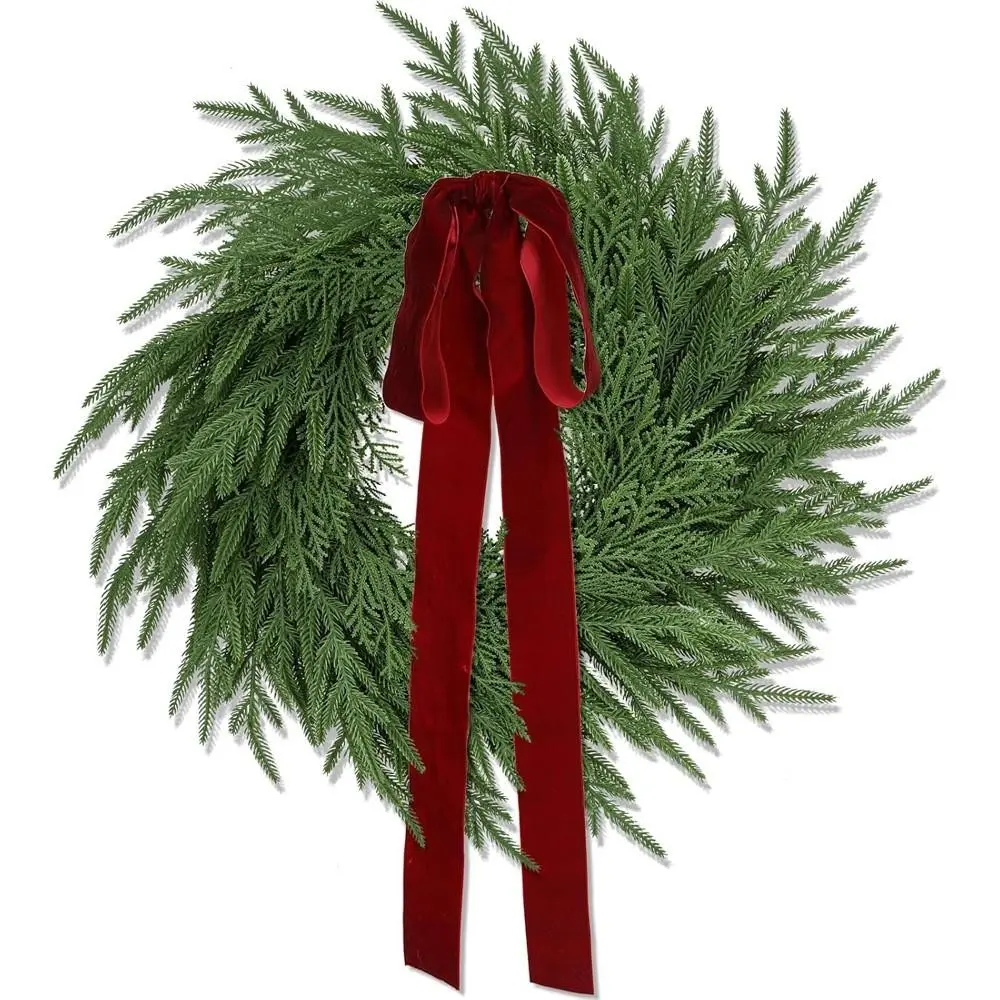 Artificial Norfolk Pine and Cedar Christmas Wreath with Velvet Bow, Realistic Indoor Outdoor Holiday Front Door Decorations