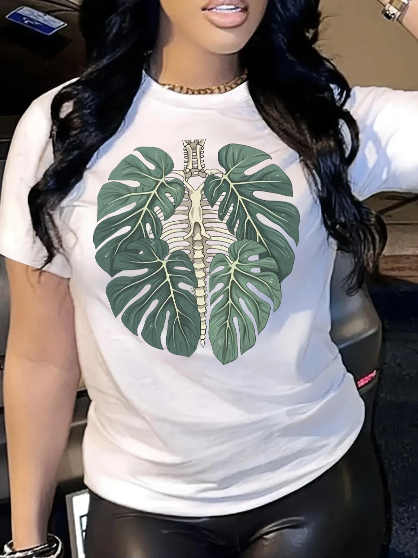 Women's Leaf Print Round Neck Graphic Tee, Vintage Trendy Bohemian Chic Casual Drop Shoulder Short Sleeve T-shirt for Daily Wear, Ladies Summer Clothes, Streetwear Tshirt, Tops