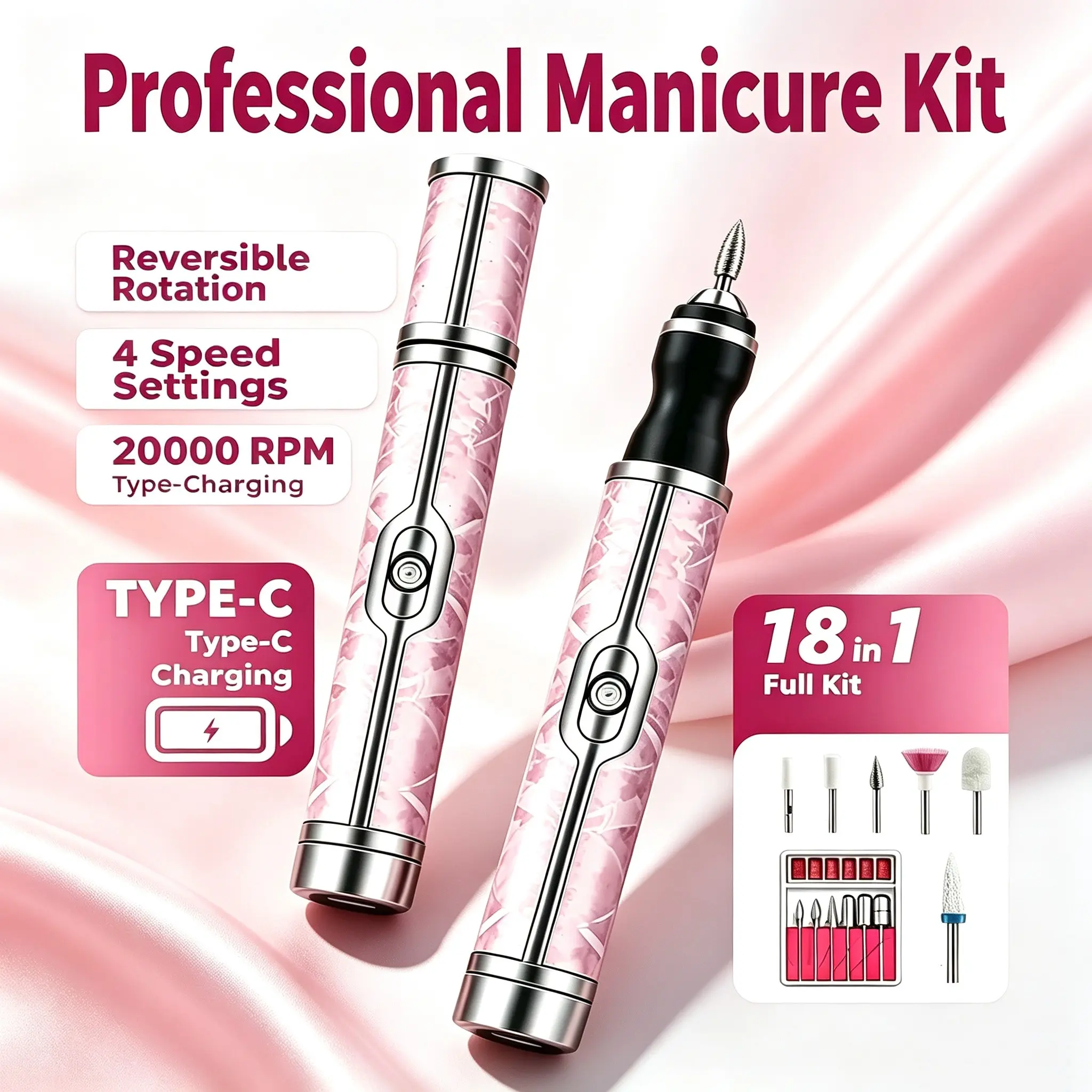 18-In-1 Electric Nail Drill Machine, Reversible 4-Speed Type-C Charging, Professional Salon Manicure Kit, Multi-Function Nail Care Tool