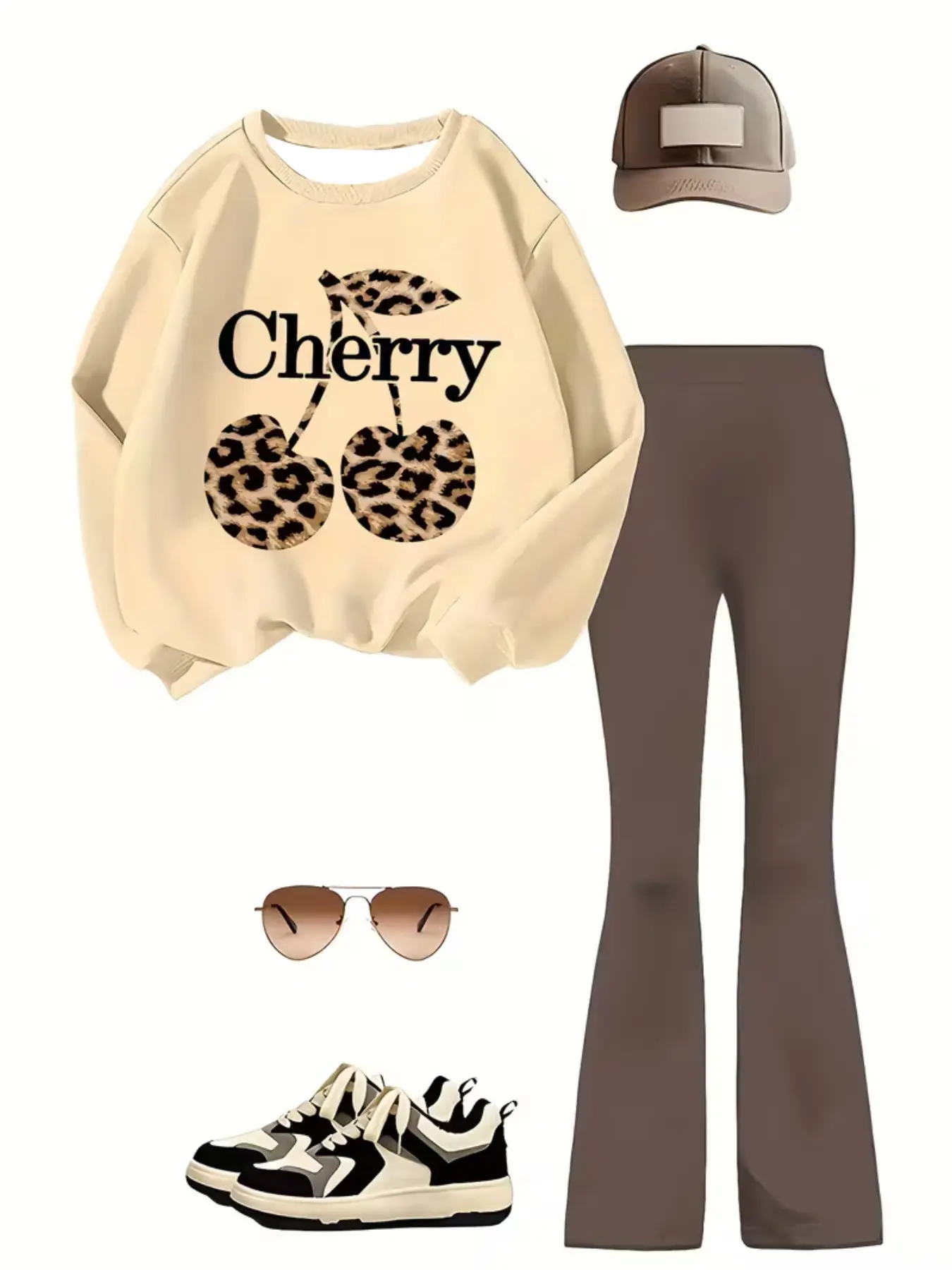 Vintage Leopard Cherry Pattern Long Sleeve Sweatshirt + Bell Bottoms Set, Girls' Fall Winter Loose Slim Fit Two-Piece