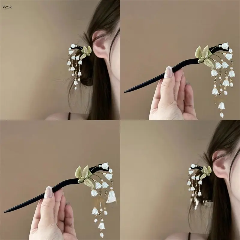 Lily of the Valley Tassel Wooden Hair Stick, 20cm Chinese Vintage Floral Hairpin, Long Tassel Wavy Black Wood Hair Fork, Elegant Hanfu Cheongsam Hair Accessory for Women Bun Hairstyle, 3 Styles Optional