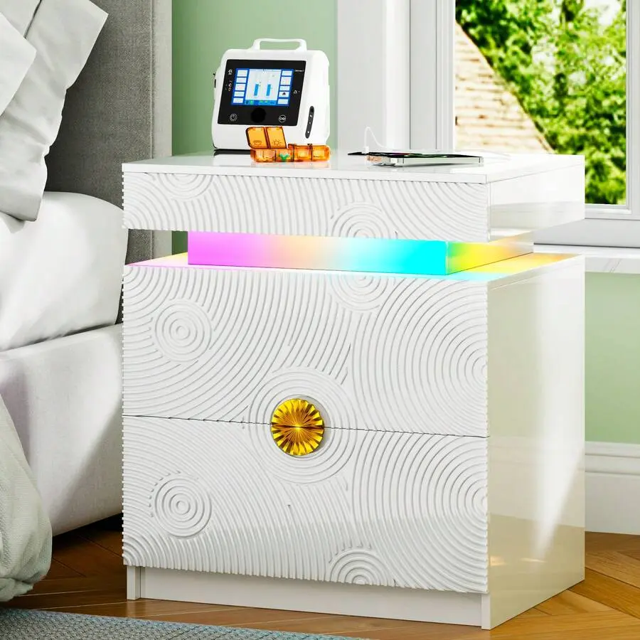 Gurexl Gloss MDF Smart LED Nightstand - 2 Lockable Hidden Drawers, Dual-Port Charging Station, Motion Sensor Smart Lights, Metal Rails, Modern Indoor Bedroom Table, Black