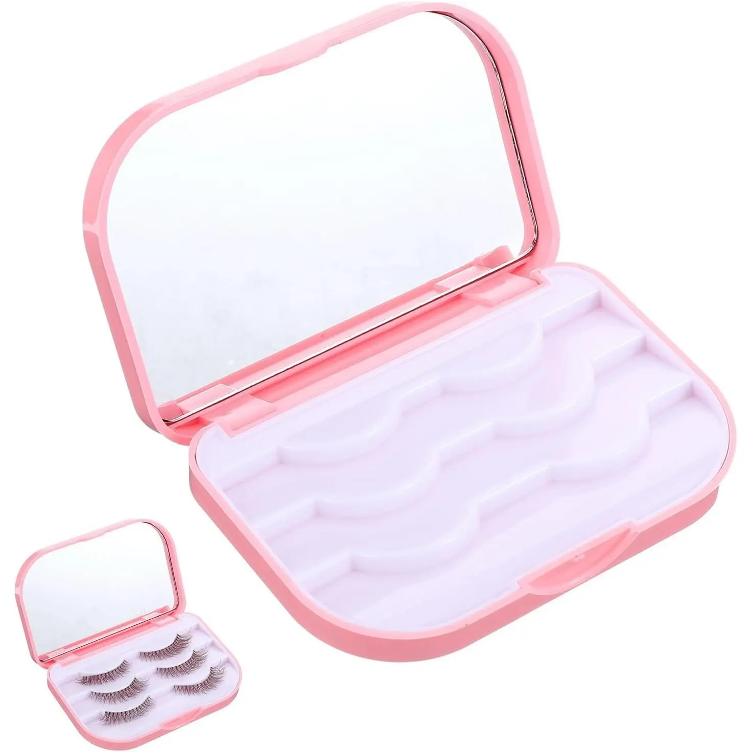 3-Layer Eyelash Storage Case with Makeup Mirror, Empty Travel Cosmetic Organizer Box for False Lashes, Pink
