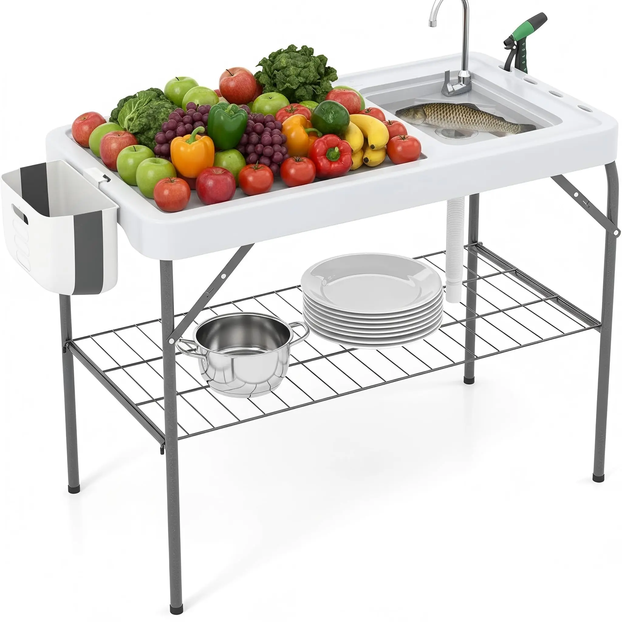 Folding Fish Cleaning Table with Sink – Portable Outdoor Fillet Station with Faucet, Drainage Hose, Sprayer & Grid Rack for Camping, Fishing & Picnic