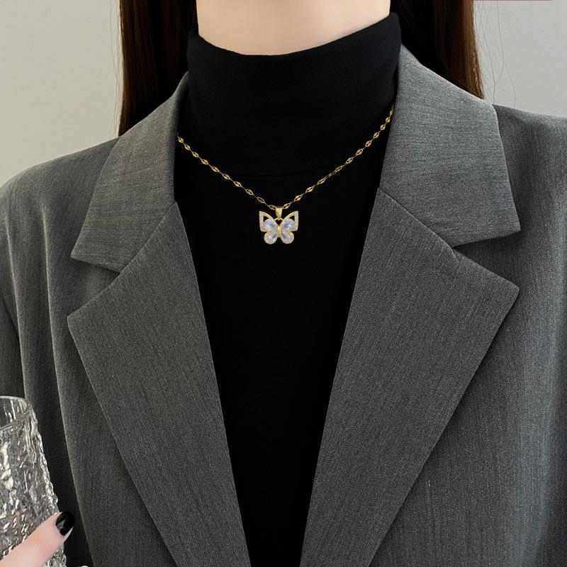Zircon butterfly necklace earpin set, versatile, niche, light luxury, high-end and simple collarbone chain jewelry set