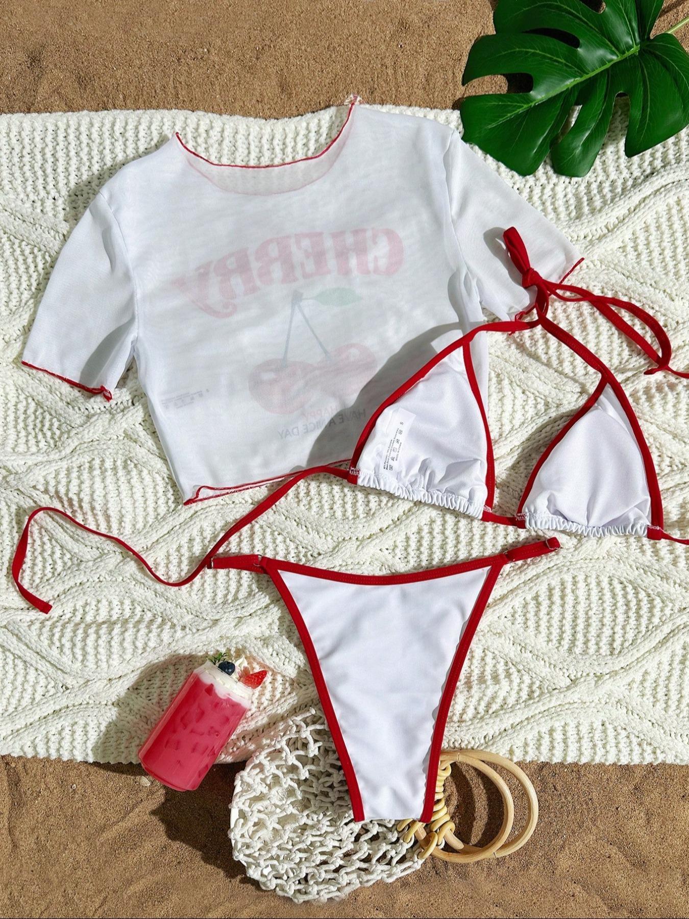 Women's Bikini Set Swimsuit Three-Piece Cherry Letter Print Mesh Chiffon Cover-Up, Perfect Summer Beachwear, Casual Fitted Style, All Seasons