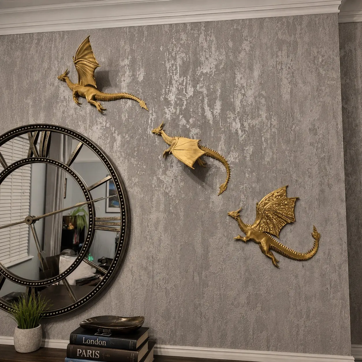 Silk Gold Dragon Cool Wall Art, Fantasy Bookshelf Decor, 3D Fantasy Dragon Wall Sculpture, Gothic Dragon Wall Art for Bedroom, Living Room, Bookshelf, Game Room, Office, Home Decor Gift