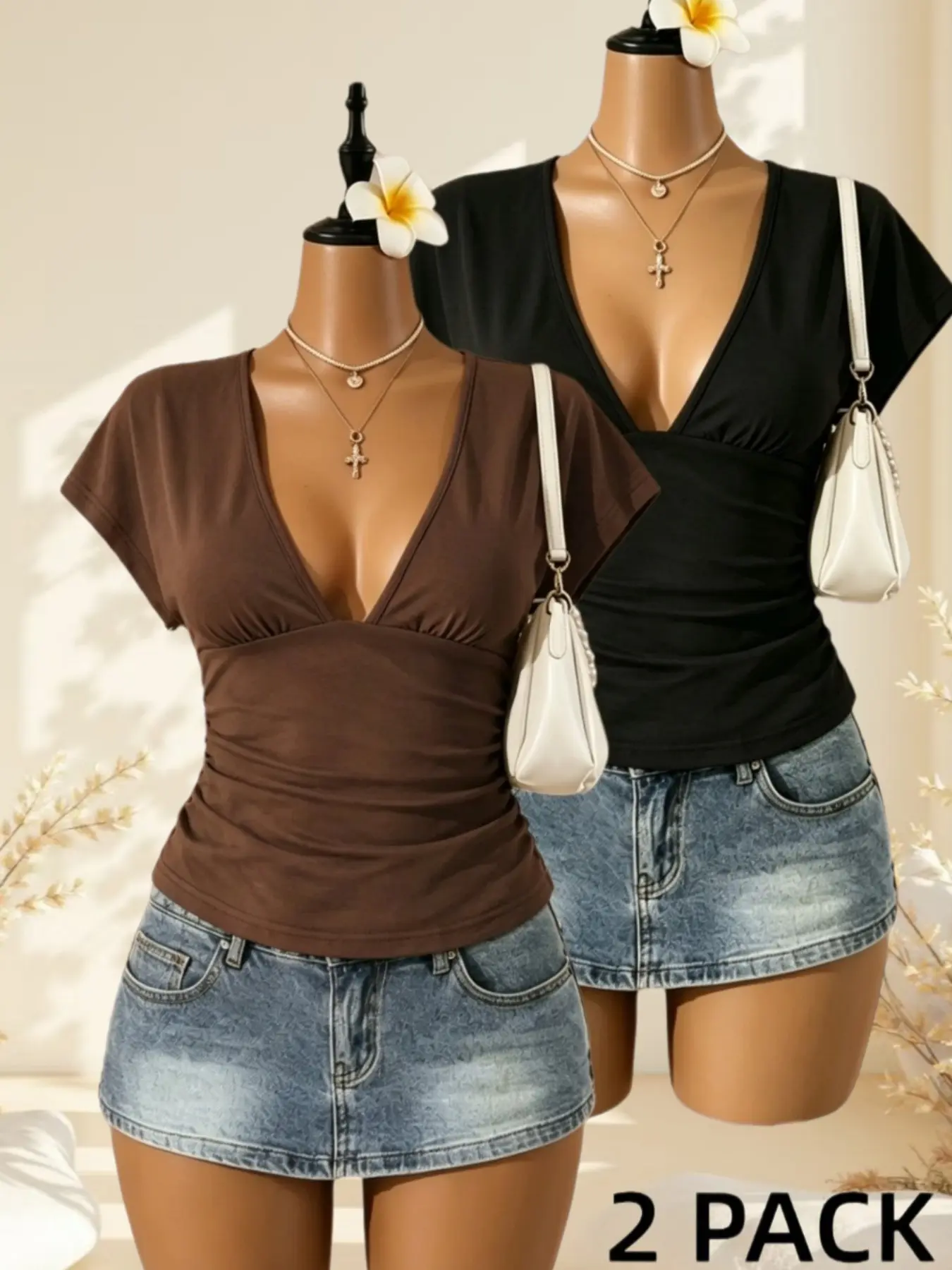 Women's Polka Dot Deep V-Neck Slim Fit Short Sleeve Top, Set of 2, Casual Vintage Style
