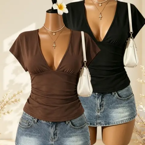 Women's Polka Dot Deep V-Neck Slim Fit Short Sleeve Top, Set of 2 Vintage Style Casual Comfy Classy