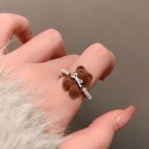 Cute Sweet Brown Plush Little Bear Rings for Women Girls Fashion Imitation Pearl Bow Opening Rings Good Friend Jewelry Gifts