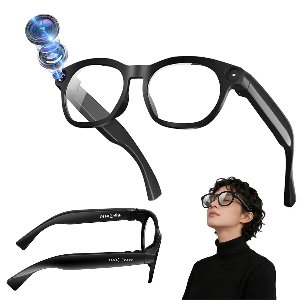 Smart Glasses with HD Video Recording,  290Mah Battery, 8MP Camera, 4GB Memory (No TF Card Need), Build-in Mic & Speakers, Bluetooth Calling, AI Real Time Translation, WiFi Transfer, 2 Lenses Total (Transparent +Black)