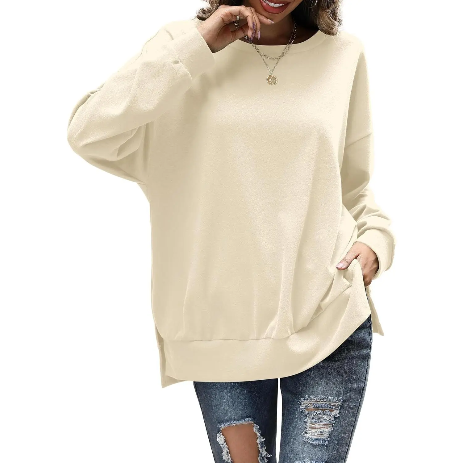 Lady's Basic Baggy Sweatshirt, Oversized Crew Neck Tunic Top, Casual Soft Long Sleeve Pullover for Fall, Loose, Longsleeves, Round Neck, Tunic Cut, Plain, Solid Colors, Soft Fabric, Large, Pull On, Long Length, Loose Cut, Multi-Size