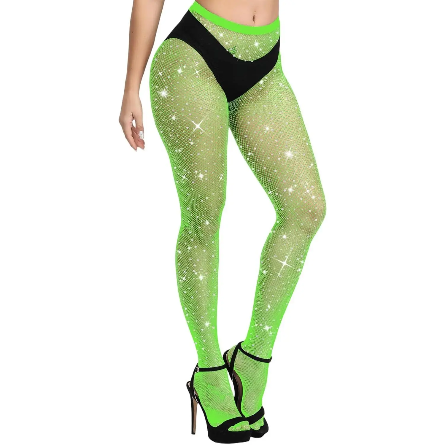 MEEZY Fishnet Stocking Rhinestone Tights for Adults, Sparkly Tights Reinforced High Waist Fishnet Stockings for Party
