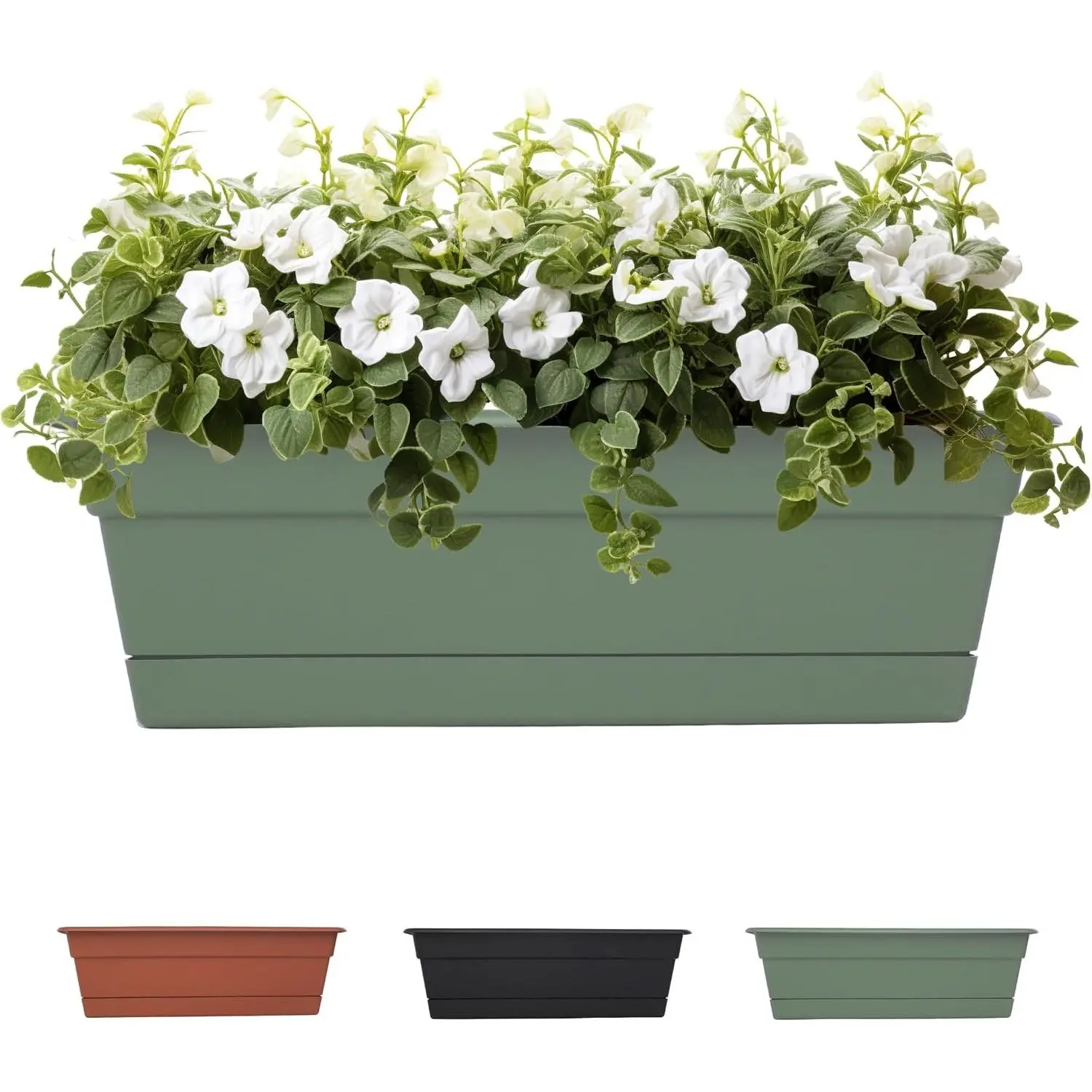 Dura Cotta 18" Plastic Window Box Planter with  Tray: Indoor/Outdoor, for Windowsill, Ledge, & Tabletop, Basil