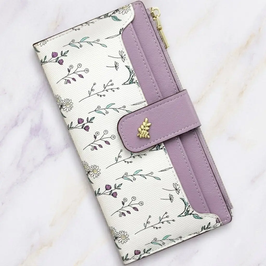 Floral Vegan Leather Slim Bifold Wallet RFID Blocking Card Holder With Zipper Pocket For Women Daily Use Christmas Gift