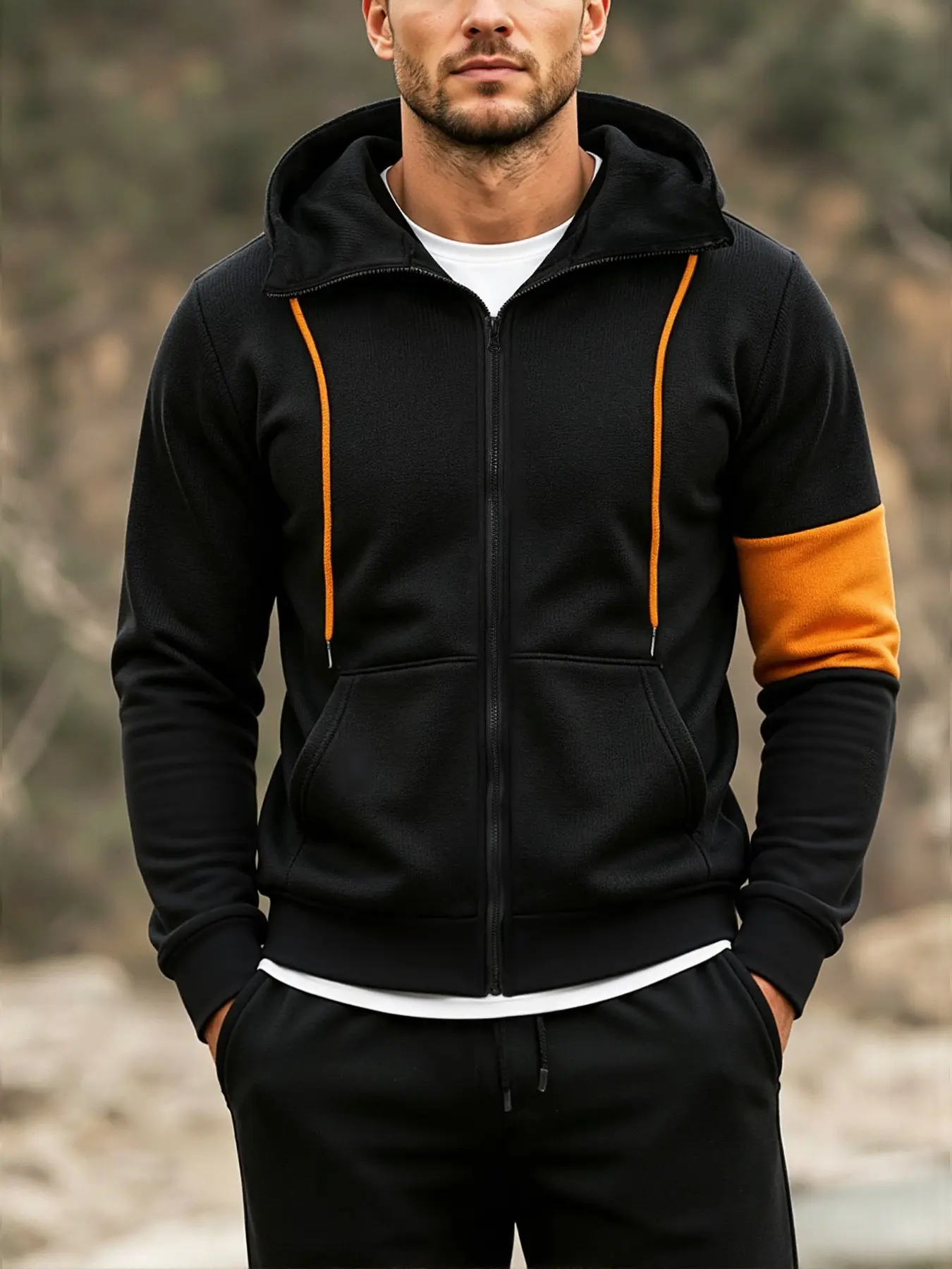 Men's Full Zip Hoodie, Colorblock Long Sleeve Sweatshirt, Casual Sport Fleece Jacket, Kangaroo Pocket, Ideal for Daily Fitness, Workout Sweat Shirt