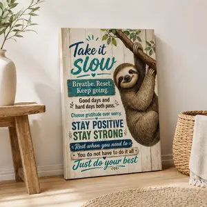 Take It Slow Sloth Motivational Canvas Wall Art, Positive Quote Poster for Living Room Bedroom Office Classroom Reading Corner Decor, Cute Animal Wall Art, Available as Unframed Canvas Poster or Framed Canvas Wrap