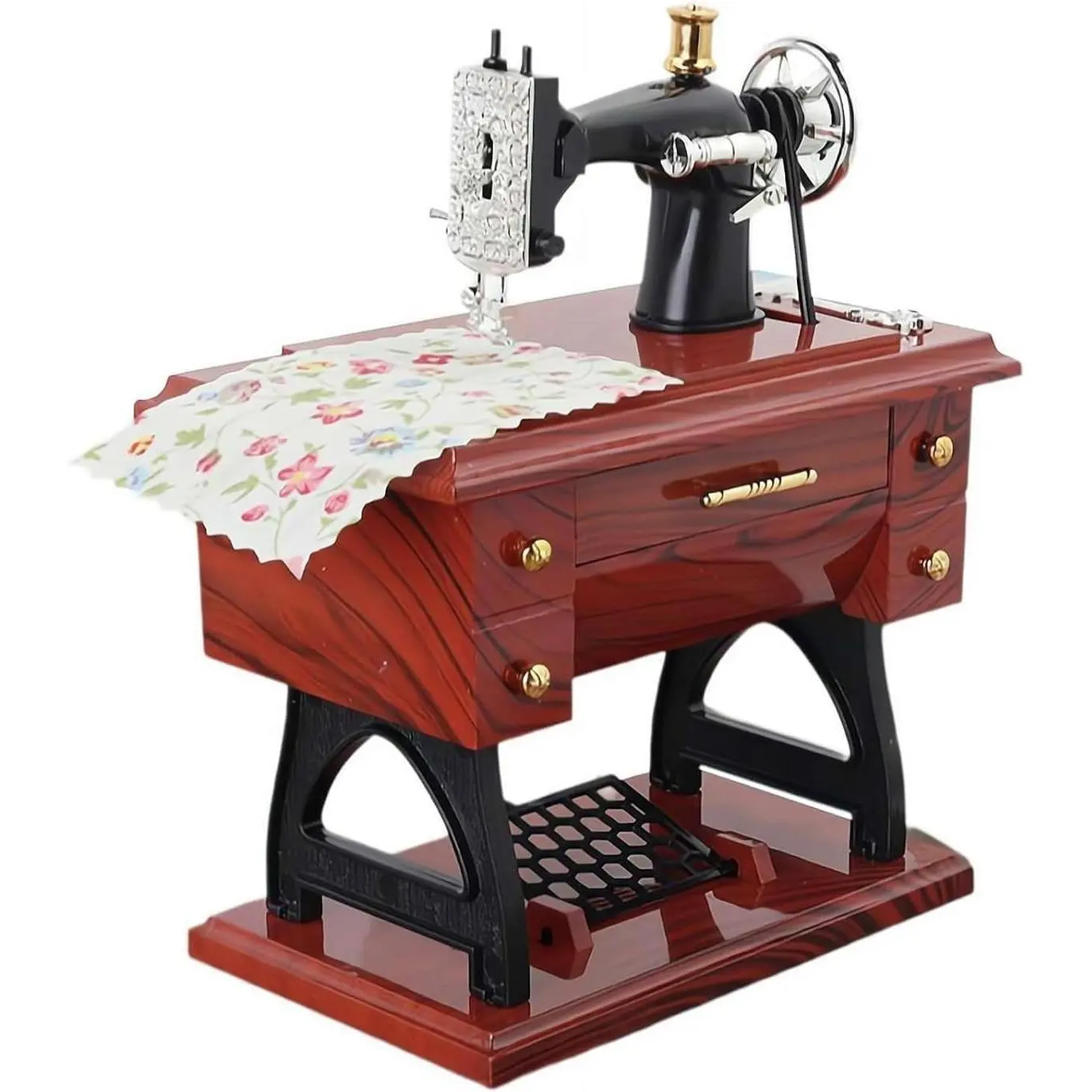 Retro Treadle Sewing Machine Music Box - Wind-Up Desk Decor with Hidden Drawer, ABS Mini Sewing Model Home Decor (17cm)