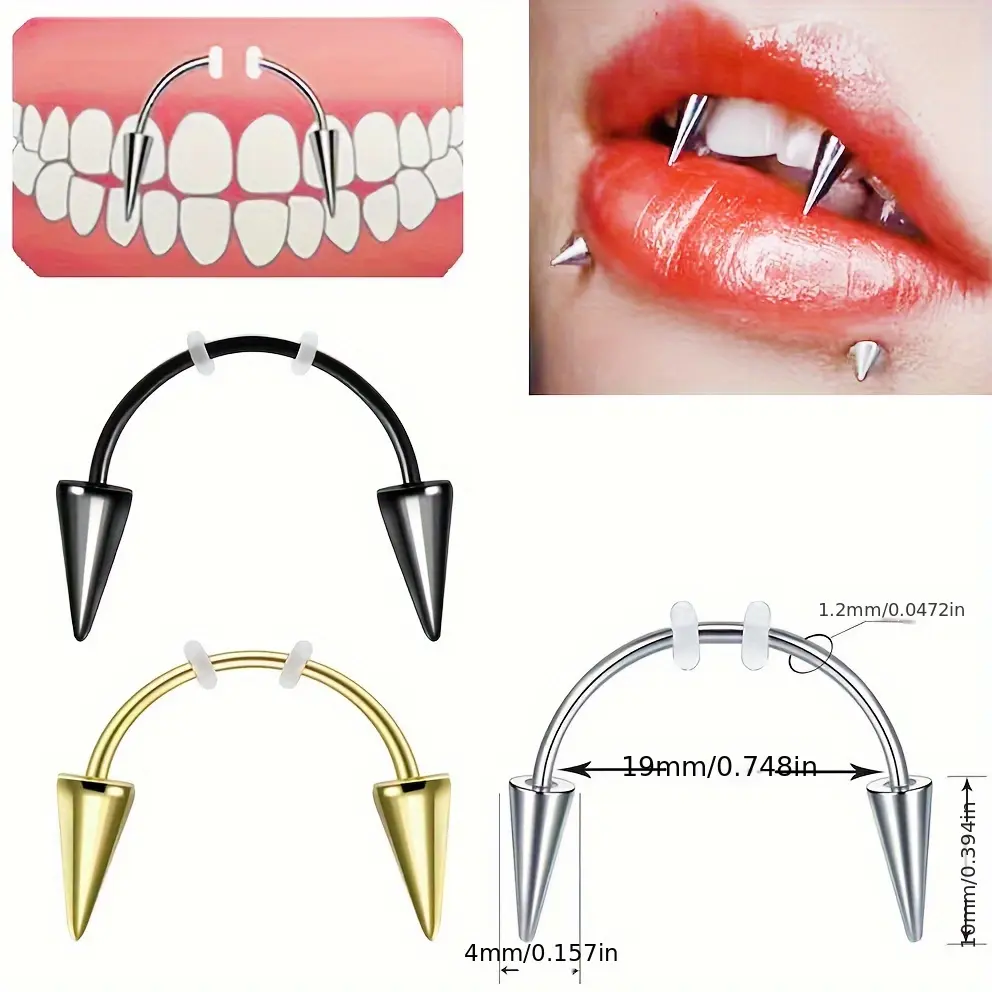 3pcs Stainless Steel Female Body Jewelry Set - Gothpunk Style Geometric Lip Staples, Teeth Shape C-Smiling & Bite Look Earrings, Halloween Cosplay Accessory