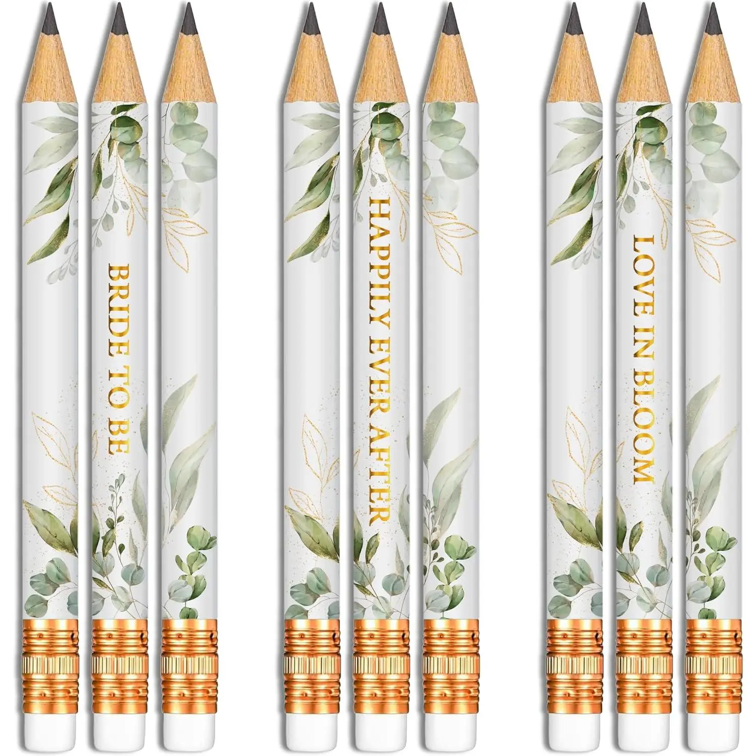 Mini Pencils for Bridal Shower , Bridal Shower Pens, Small Pencil Set For Prizes,  Winner Gifts, Golf Pencils With Erasers (Greenery, Eucalyptus)