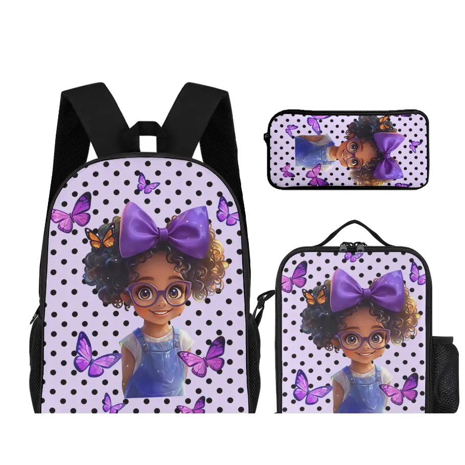 Girls' Custom Cartoon Theme 3-Piece Kit, Polka Dot Set - Backpack, Lunch Bag & Pencil Case with Character Print, School Supplies for Girls #GirlsBackpackSet #CustomBackpack