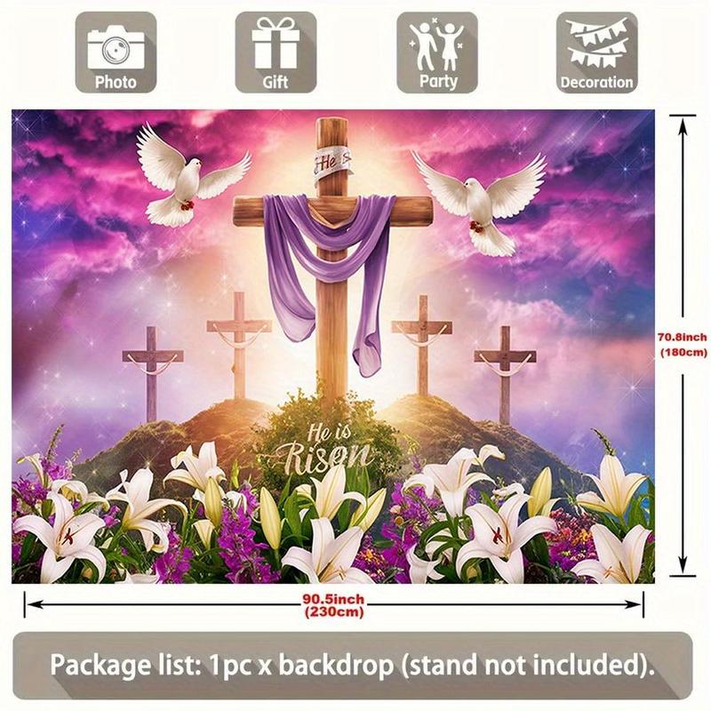 Modern Farmhouse 1pc Easter Celebration Amber Glow Polyester Banner - Vibrant "He Is Risen" Cross Design with Lilies, Doves & Stars, Perfect for Home, Room, Wall, and Party Decorations