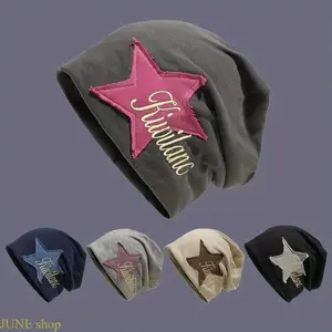 Star Embroidered Fashion Beanie Hat With Script Letter Detail, Stretchy Lightweight Unisex Stylish Headwear Suitable For Daily Casual Outfits And Ideal As A Thoughtful Gift For Valentine’s Day