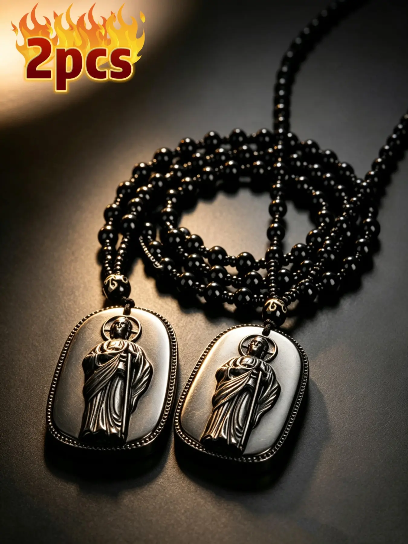 2-Piece Saint Jude Thaddeus Pendant Beaded Faith Necklace Set, Exquisite Jewelry Gift, Includes Volcanic Obsidian Charm, Elegant Stainless Steel Chain