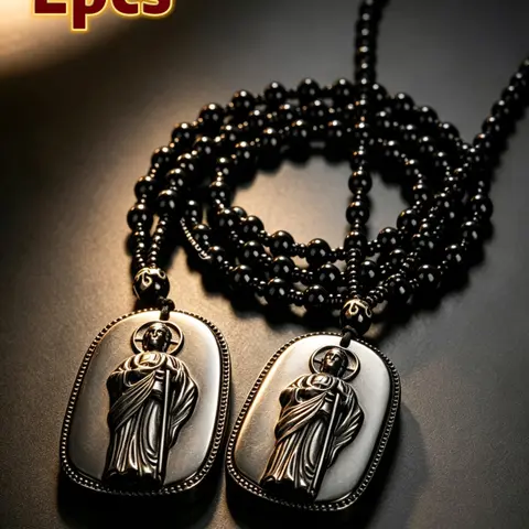 2-Piece Saint Jude Thaddeus Pendant Beaded Faith Necklace Set, Exquisite Jewelry Gift, Includes Volcanic Obsidian Charm, Elegant Stainless Steel Chain