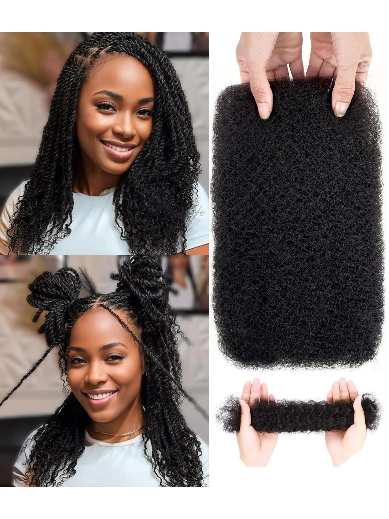 Afro Kinkys Bulk Human Hair 8-14 Inch Afro Kinky-Curly Human Hair Bulk for Twist Dreadlock Extensions Locs Repair Soft 4C Curly for Braids 30 Gram Natural Color#