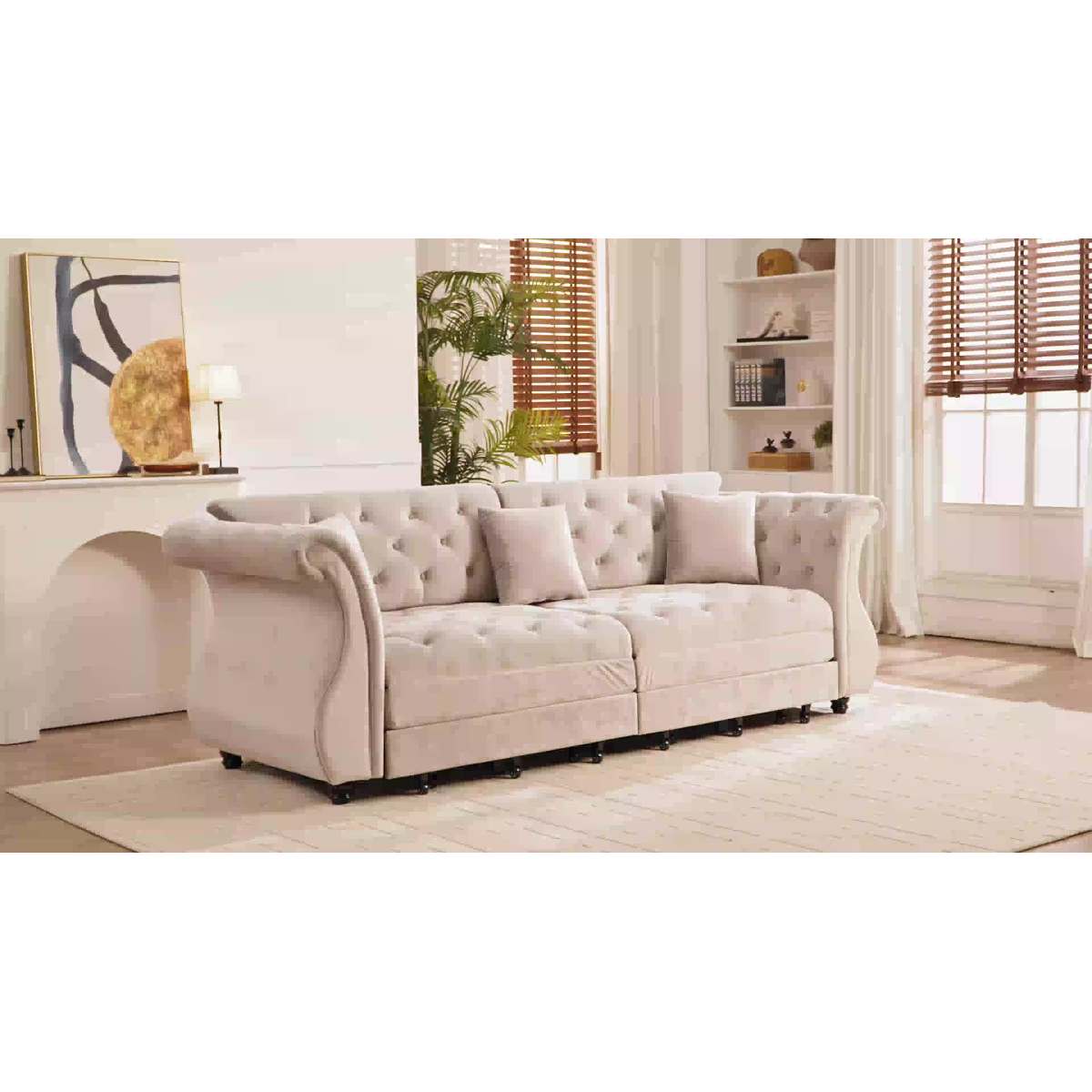 97.6" Oversized  Chesterfield Pull Out Sofa Bed, Classic Roll Arm Velvet Couch with Flower Tufting, Upholstery for Living Room/Bedroom/Apartment, Beige/White