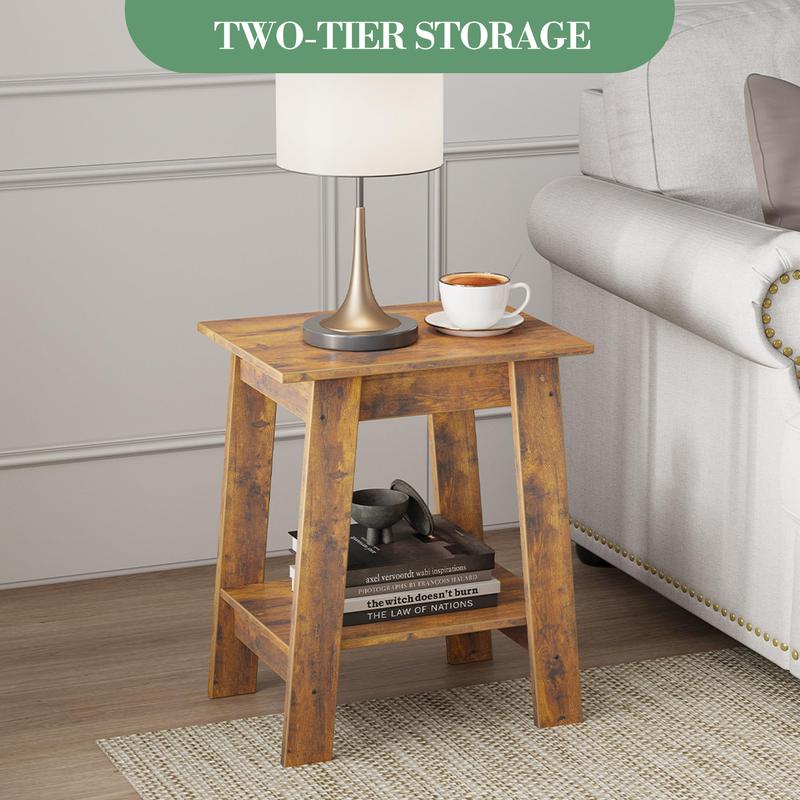 Farmhouse Rustic End Table with Storage Shelf, 2-Tier Narrow Accent Table for Living Room & Bedroom