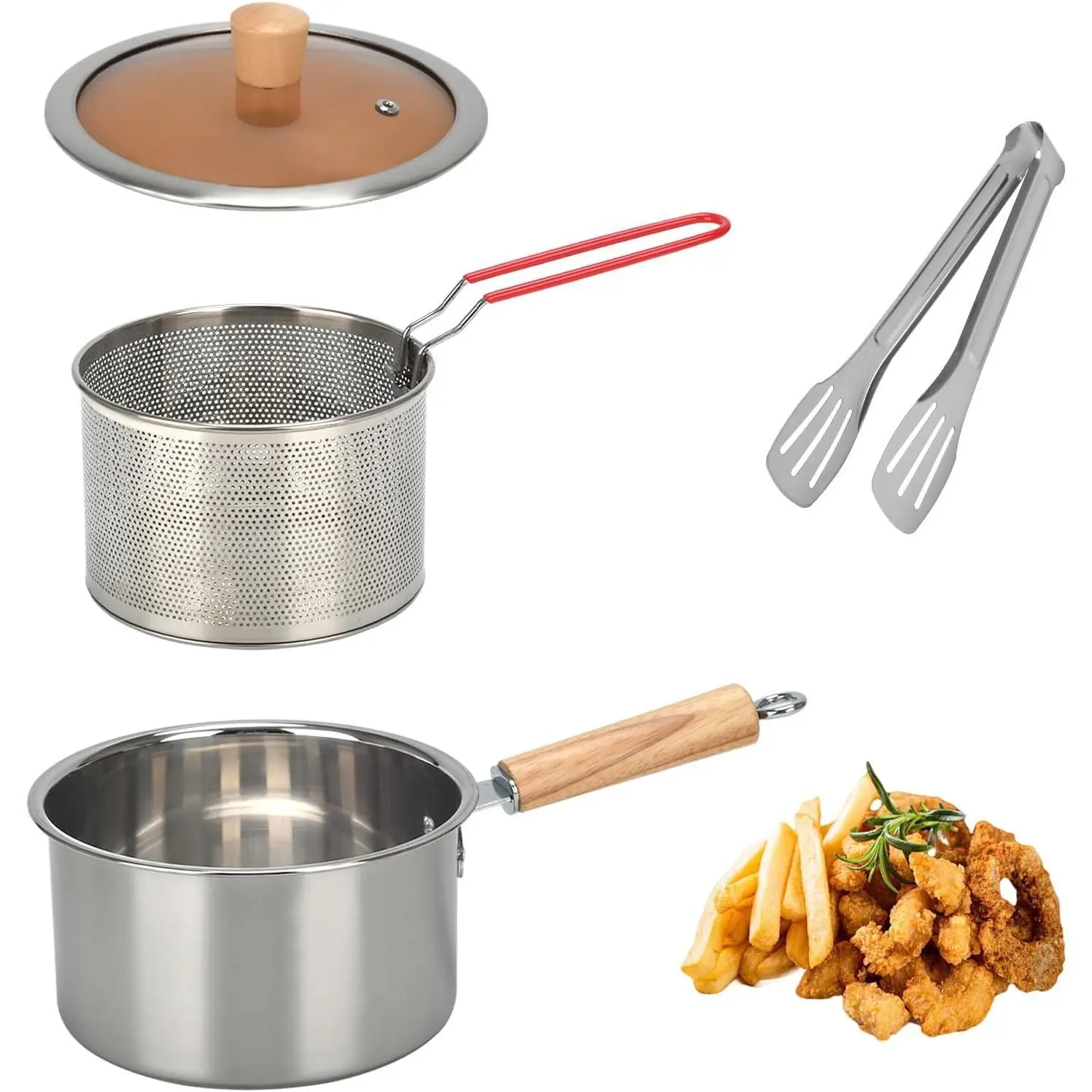 2.5L Deep Fryer Pot with Basket, 304 Stainless Steel Small Deep Fryer | Fry Daddy Deep Fryer, Deep Fryer with Basket & Lid & Tong, Round Fryer Pot for French Fries, Chicken Wings, Fish, Shrimp