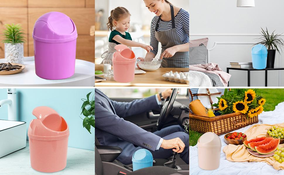 SICANDAENHK Keep every corner clean and organized!This 2-pack mini plastic trash bins feature smooth swing lids to hide garbage, includes 120 extra trash bags for easy replacement, stylish blue plus purple colors fit any decor, ideal small desktop