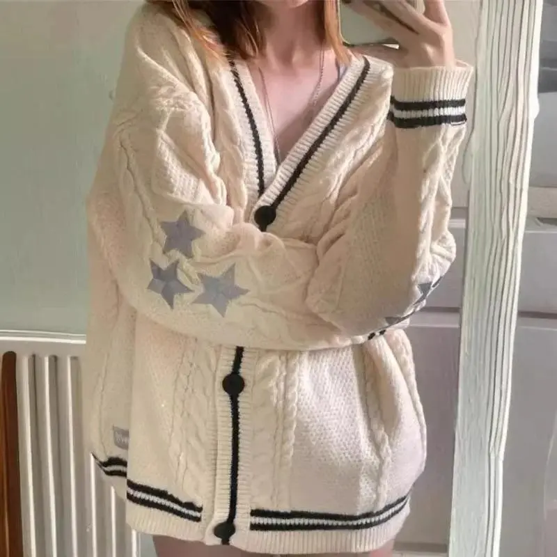 Y2K Vintage Beige Embroidery Knit Sweater Women Autumn College Tayloed Oversize Star Cardigan Folklore Knitted Jumpers Coat Top