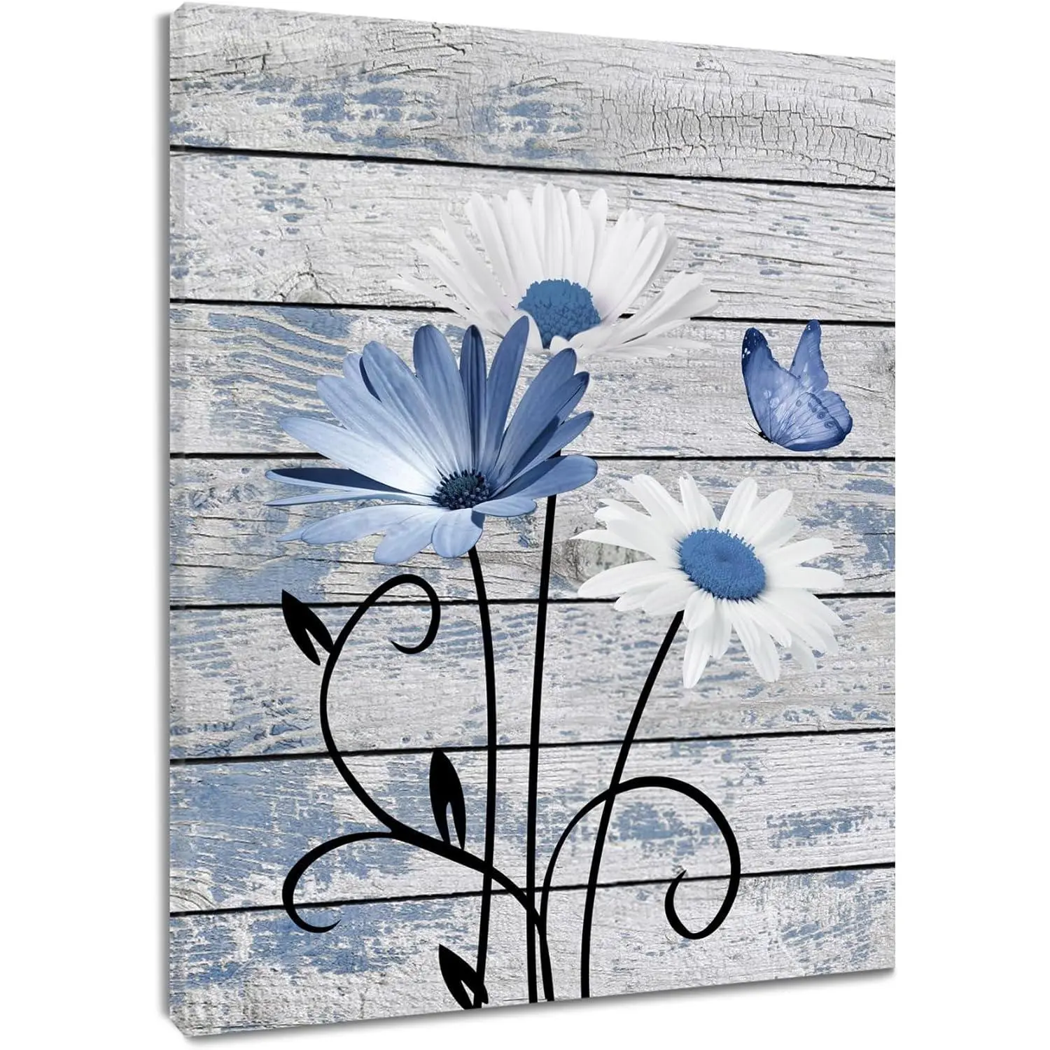 Farmhouse Rustic Wood Daisy Wall Art with Butterfly Edit - Blue Flowering Stem Canvas, Ready-to-Hang House Decor with Hook for Bathroom, Living Room, Artistic Decorative Wall Arts