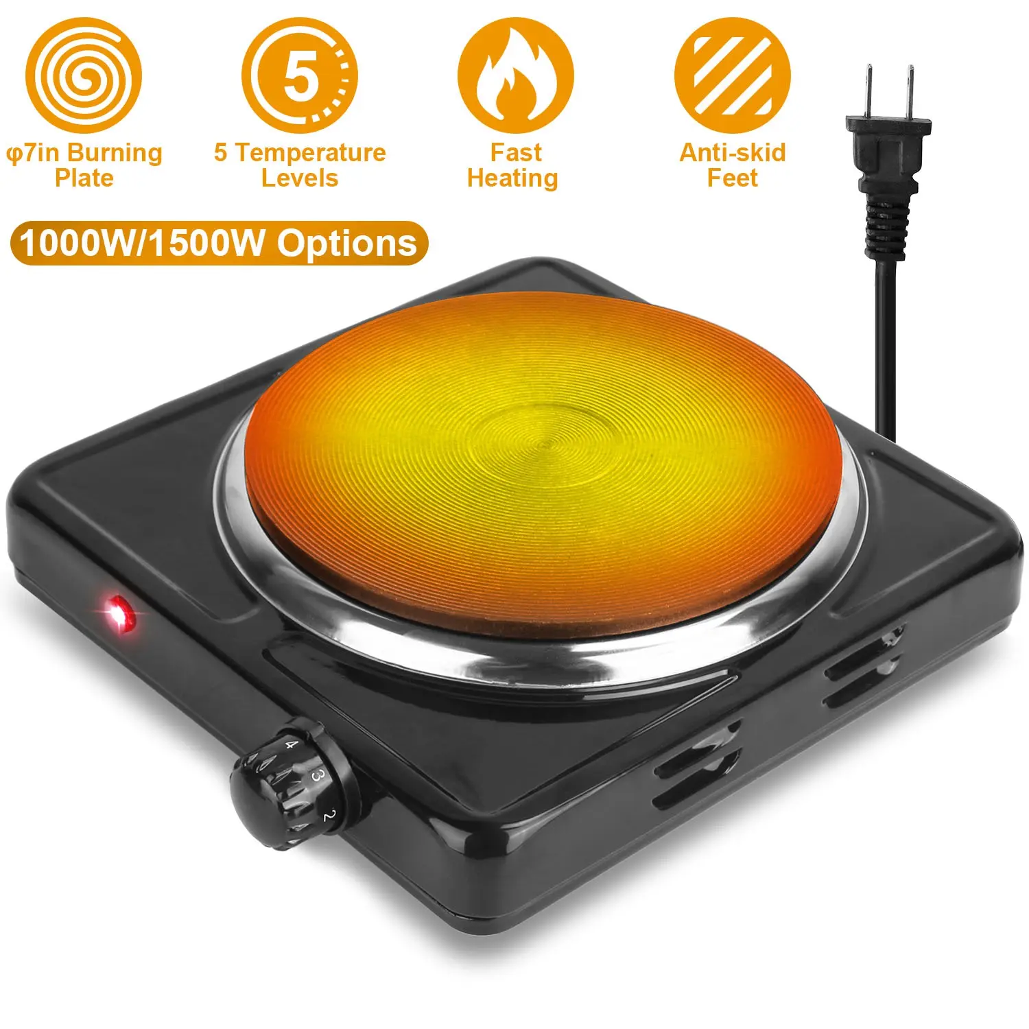 Electric Single Burner Hot Plate, 1500W Portable Countertop Cooker with Temperature Control for Home, RV & Camping