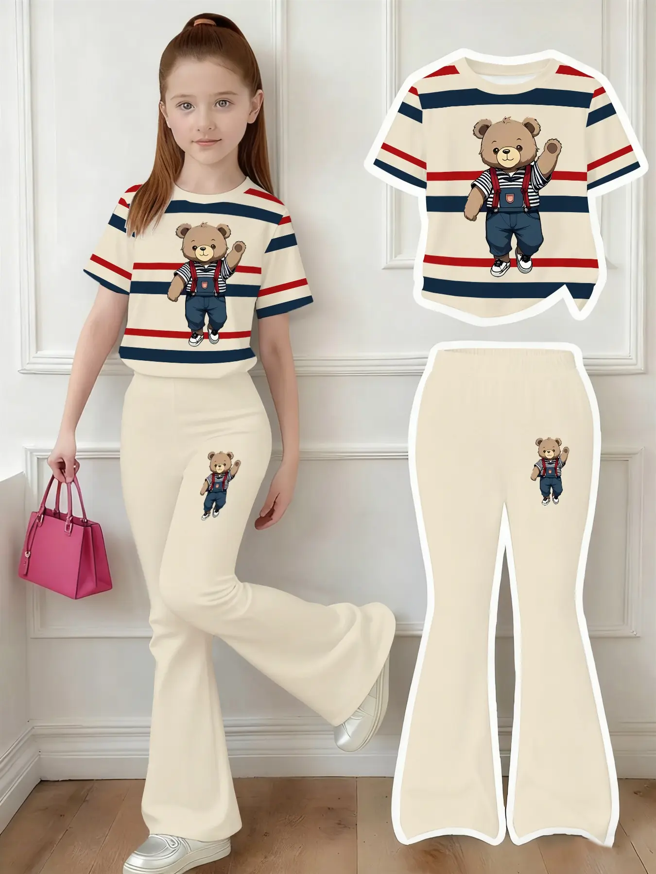 Girls' Summer Fashion Set, Bear Print Short Sleeve T-Shirt and Bell Pants, Casual Fitted Suit, All over Print, Outdoor Wear, Summer Clothes Set