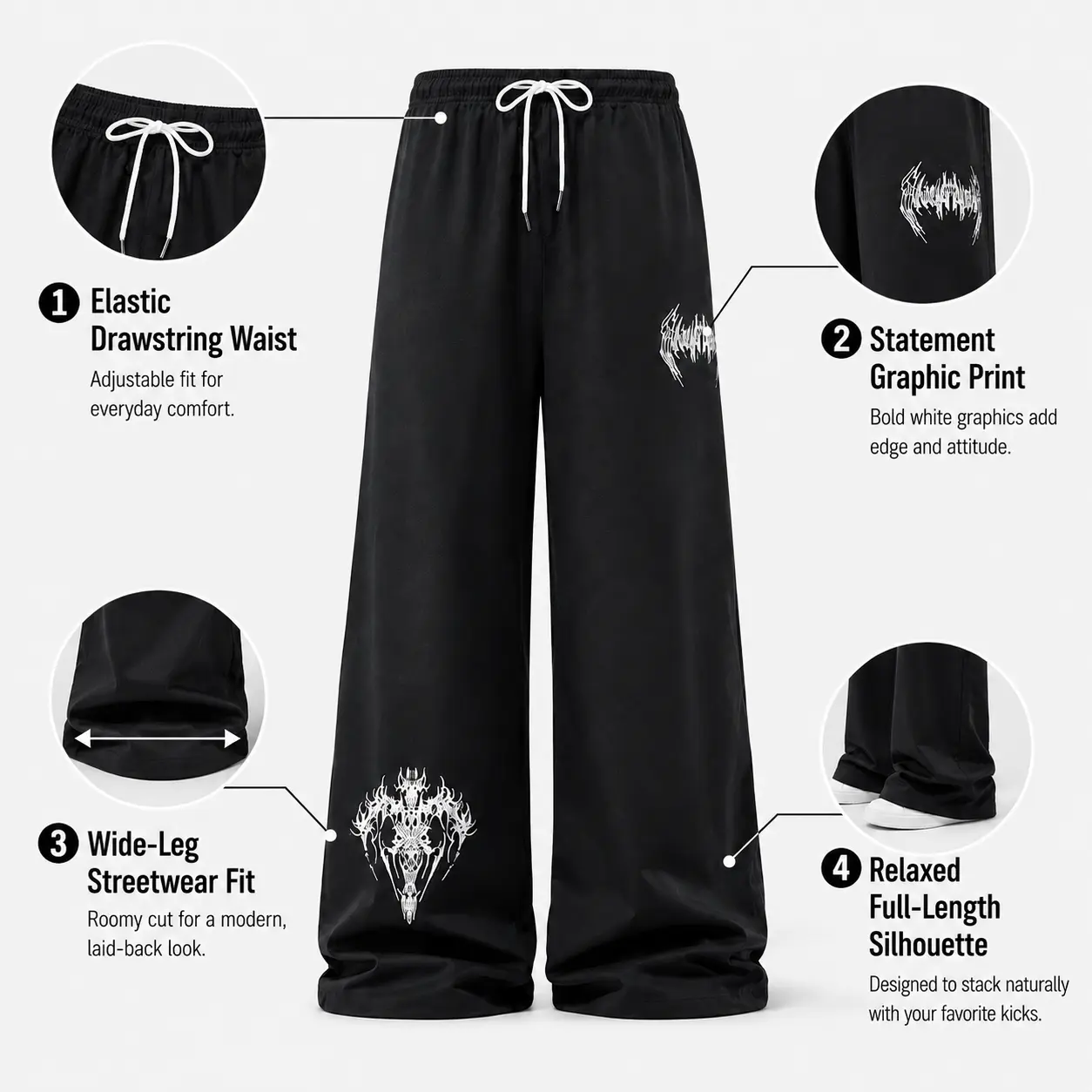 Men’s Black Wide Leg Drawstring Pants with White Graphic Print, Casual Streetwear Sweatpants, Elastic Waist Full Length Baggy Pants for Daily Wear, Lounge Outfits, Weekend Style and Urban Looks
