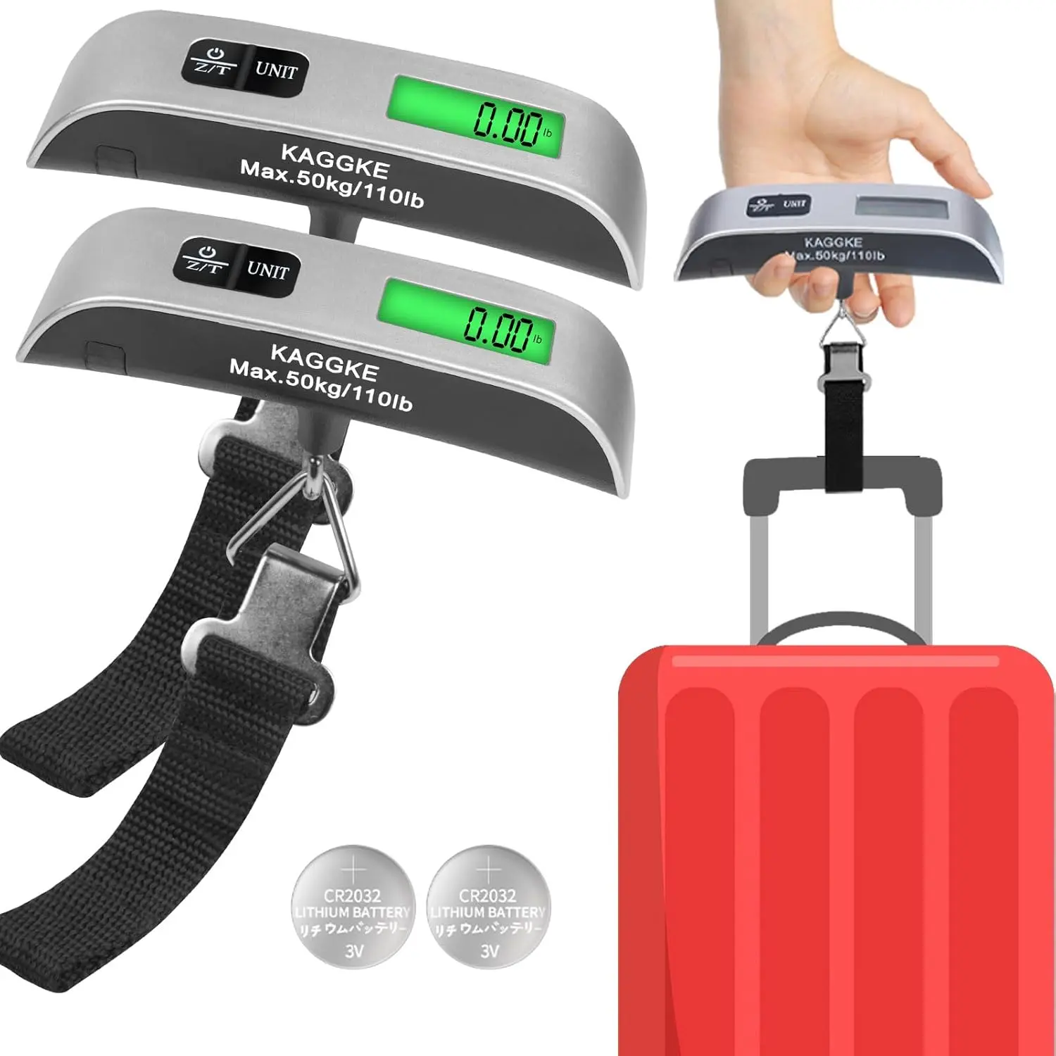 2 Pcs - silver Travel Luggage - Baggage - Suitcase Weight - for Travel Luggage Weight - 110LB/50KG, Includes Battery - Temperature Display Scales