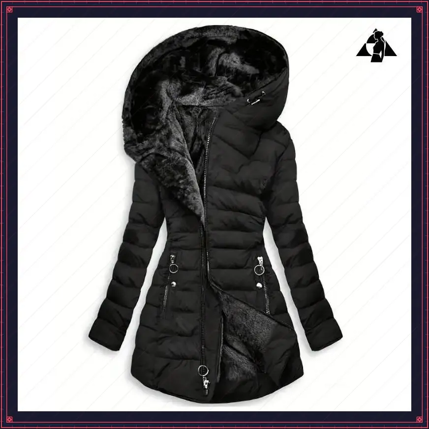 Zippered Hooded Down Jacket, Casual Long Sleeve Pocket Faux Lined Warm Winter Jacket, Women's Fabric Womenswear