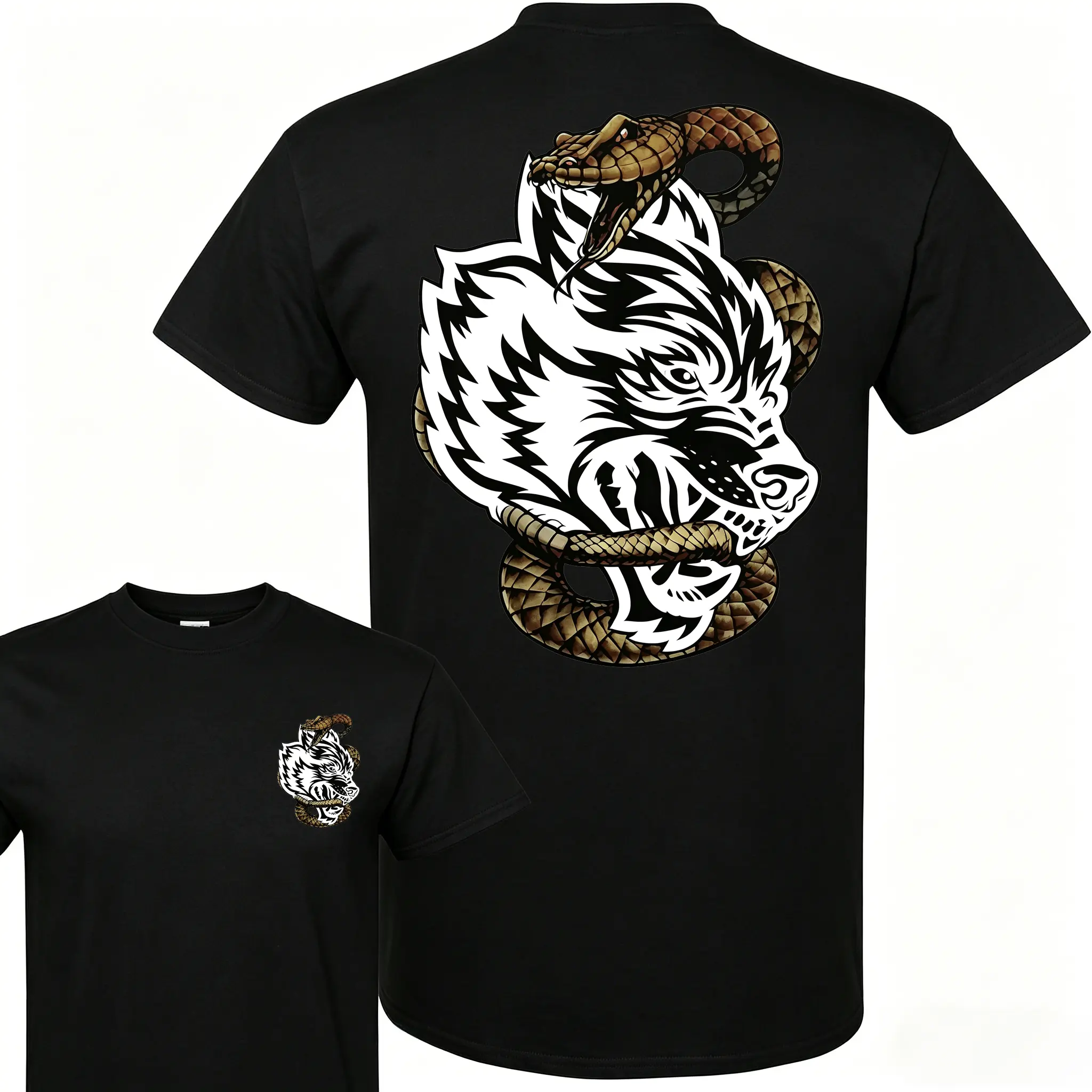 🐅 🐍 Wolves And Snake Double Sided Graphic T Shirt Cotton Short Sleeve Crewneck  Streetwear Casual Daily Fashion Top Trendy Animal Art Print Gothic Style Apparel for Adult Men Workout and Street Outfit
