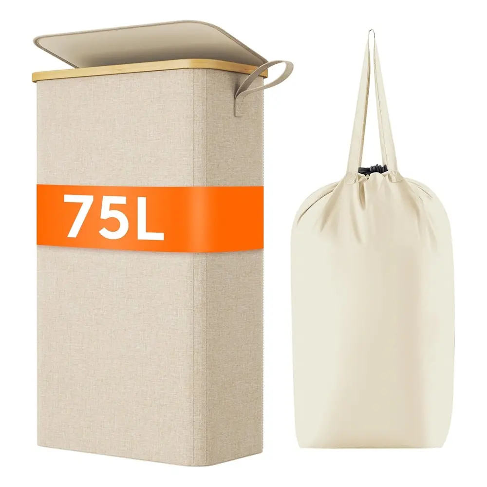75L Bamboo Laundry Basket, Laundry Hamper, Foldable Design, Removable Liner, Cover Included, Multi-Purpose Storage, Bedroom, Bathroom, Dormitory Use