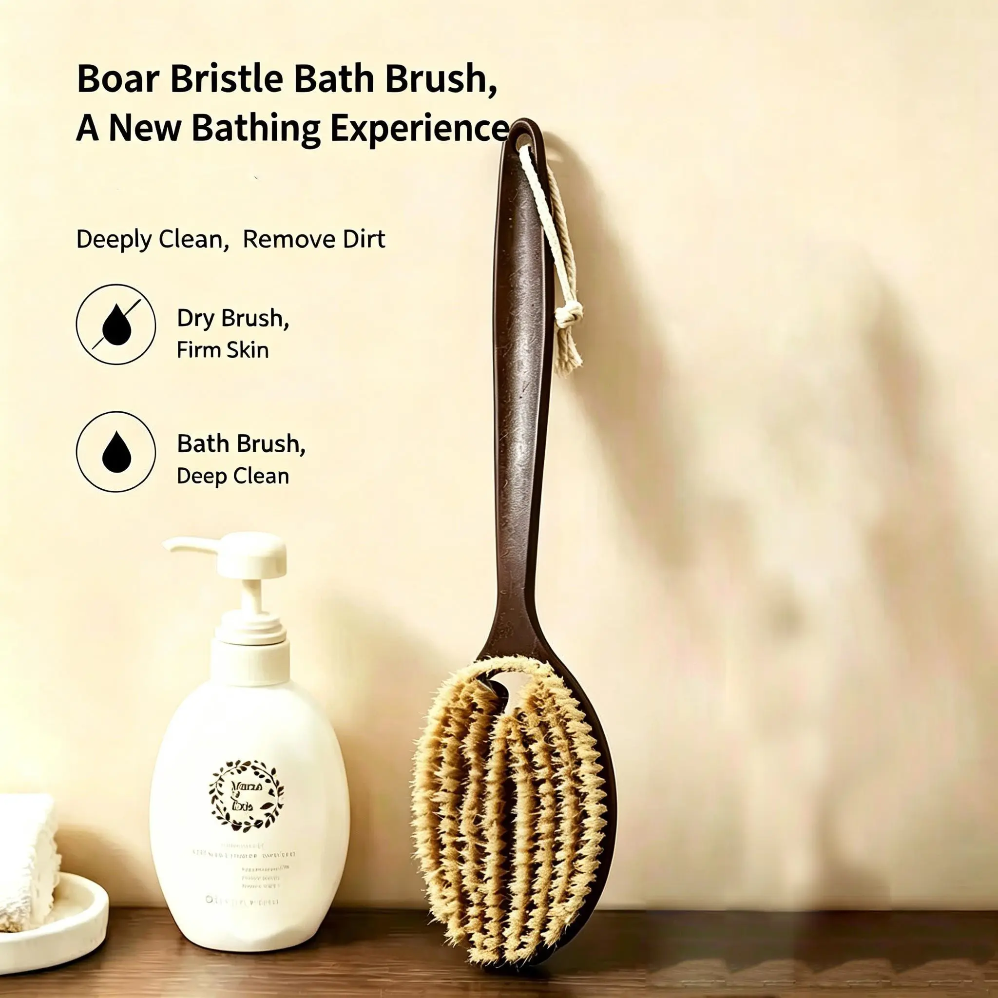 Long-Handle Back Exfoliating Brush, Wet & Dry Dual-Use Shower Brush with Hollow Quick-Drain Design, Odor-Resistant & Hanging Storage, for Full-Body Bath and Dry Brushing Exfoliating Brushing