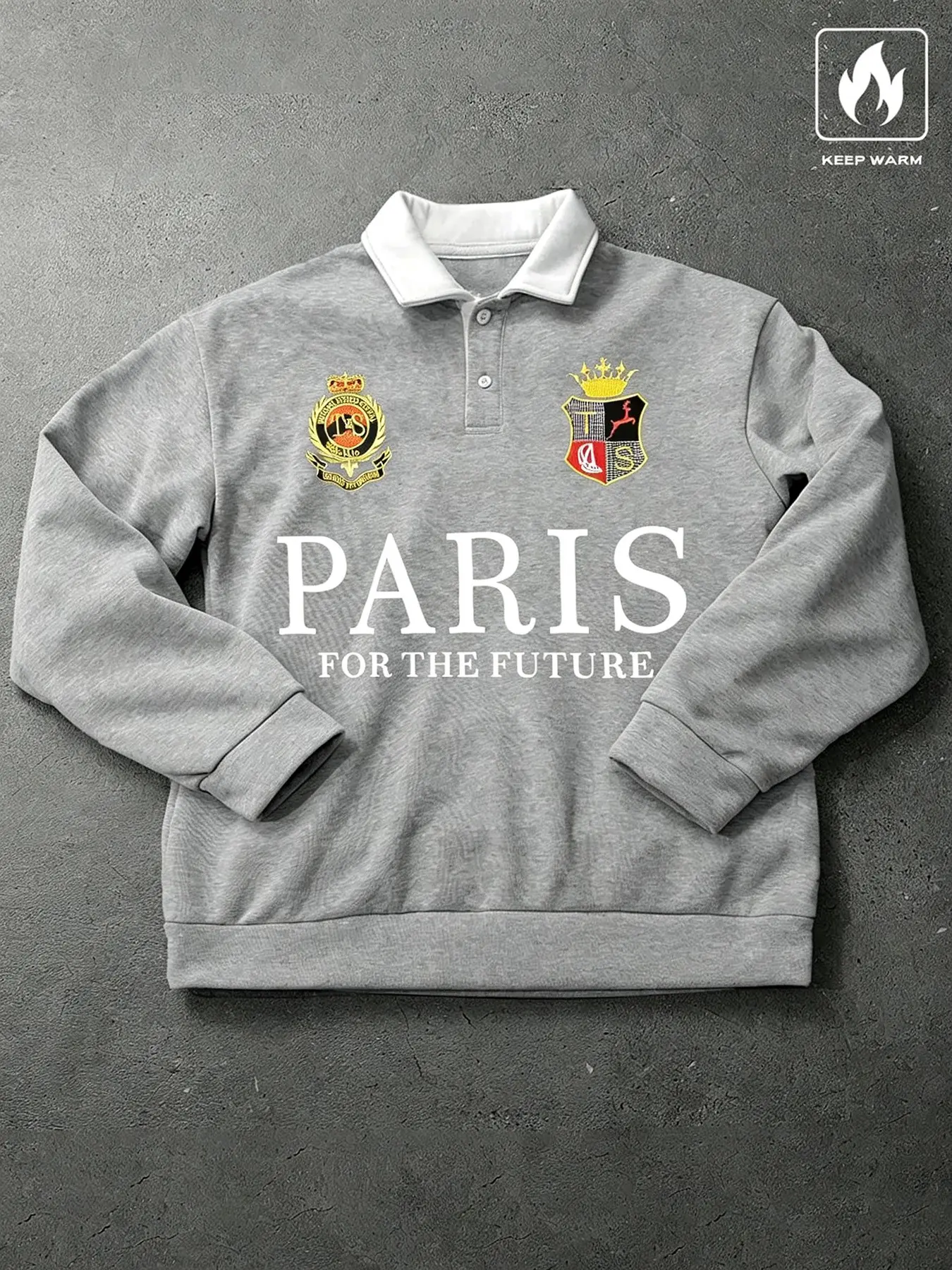 Men's French Vintage Paris Badge Pattern Fleece Polo Neck Long Sleeve Sweatshirt, Fall Winter Warm Pullover Hoodie, Casual Loose Fit