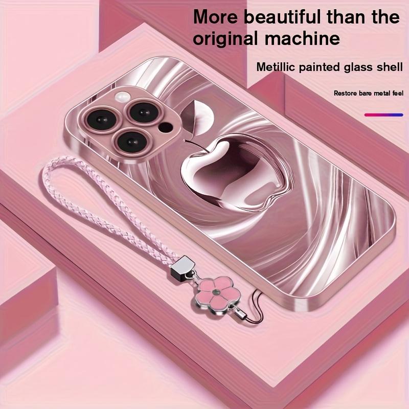 New Swirl Apple Series Metallic Paint Glass Phone Case with Lanyard for iPhone 17, 16, 15, 14, 13, 12, 11, and other series models; makes a perfect gift for friends or family.