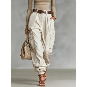 18ACTIVEKIT2026 Spring Women's Beige Work Pants, High Waist, Multi Pocket Bag, Jogger, Street Wear, Casual Work Clothes, Long Pants, Loose Casual Pants, Women's
