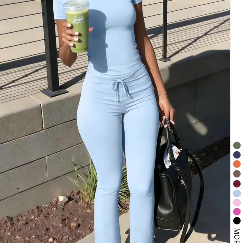 Lw Home Back To School，Women's Fashion Casual Solid Color Round Neck Short Sleeve T-Shirt and Drawstring Pants Set, Lounge Set, Four-Season Home Wear