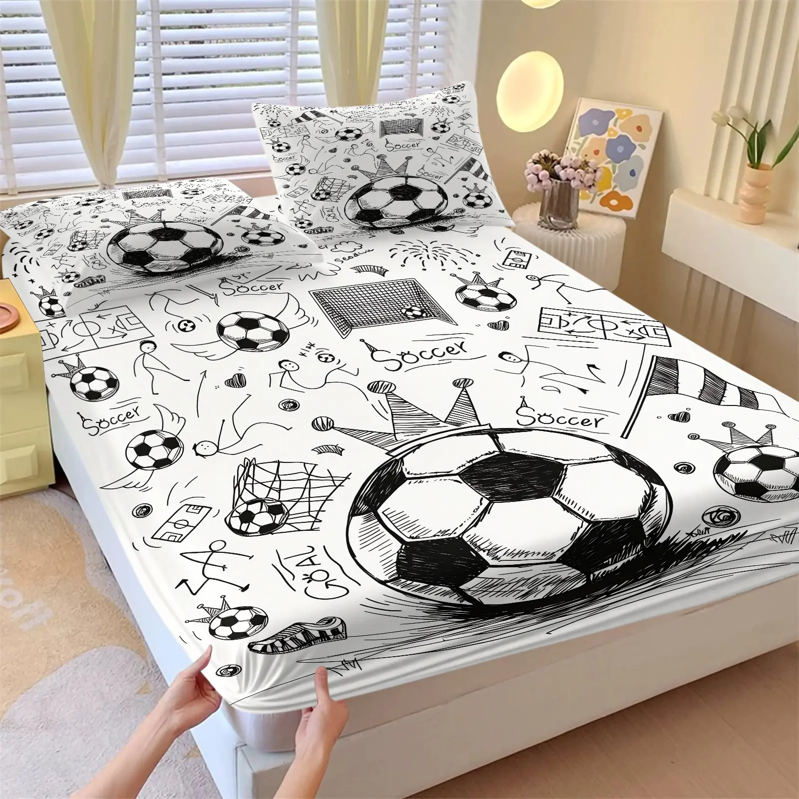 Casual Football Doodle Print Fitted Sheet Set, 1 Fitted Sheet & 2 Pillowcase, All Season Sports Teen Bedding All Size, Football Sketch Men Bed Set, Anti-Pilling Wrinkle Resistant Fabric, Cool Dorm Decor, Football Lover Gift, Soft Comfy Bedding