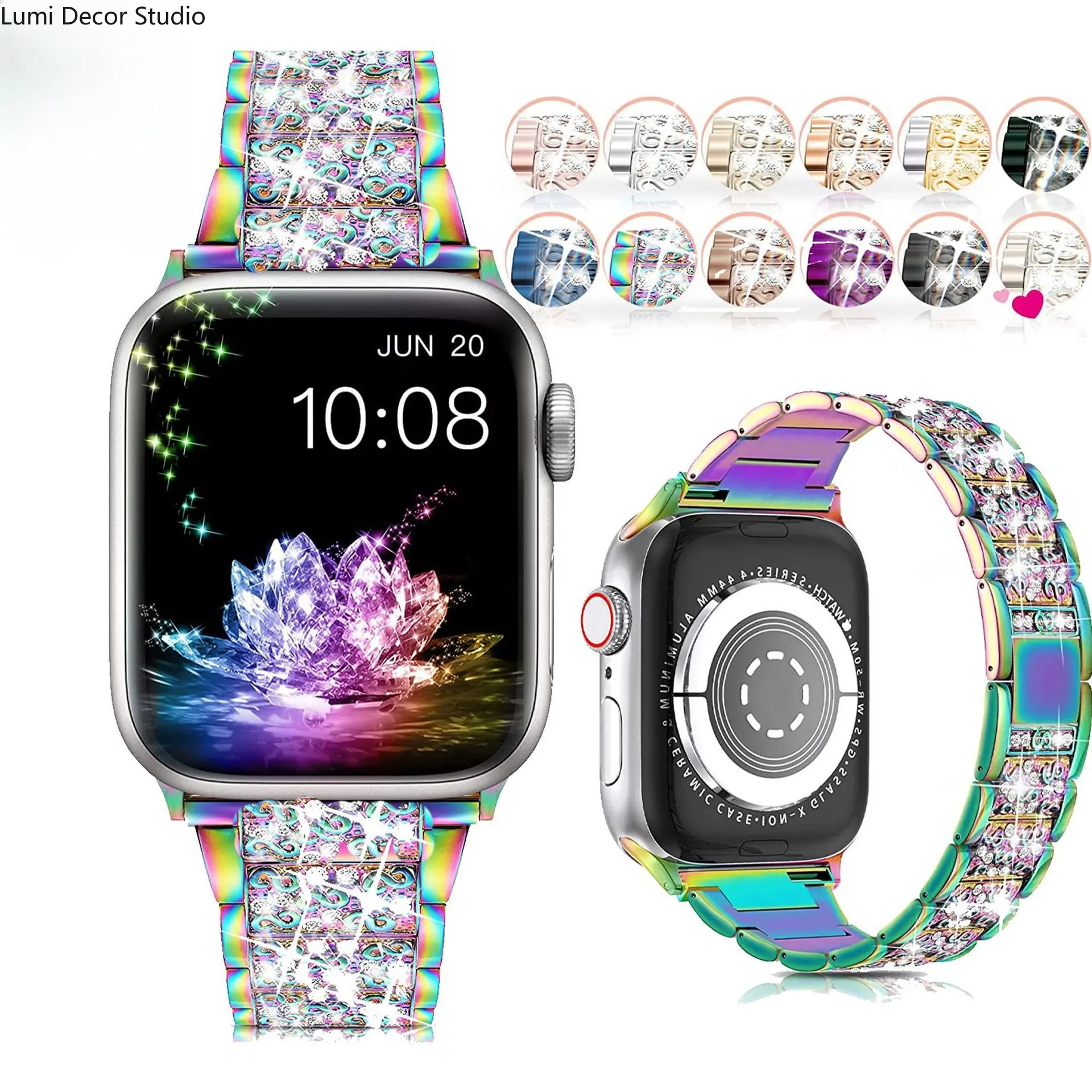 Fashion Three Row Diamond Chain Metal Watch Band Sparkling Bling Replacement Strap Compatible with Apple Watch Series 1-11 SE All Sizes Luxury Wristband Accessories